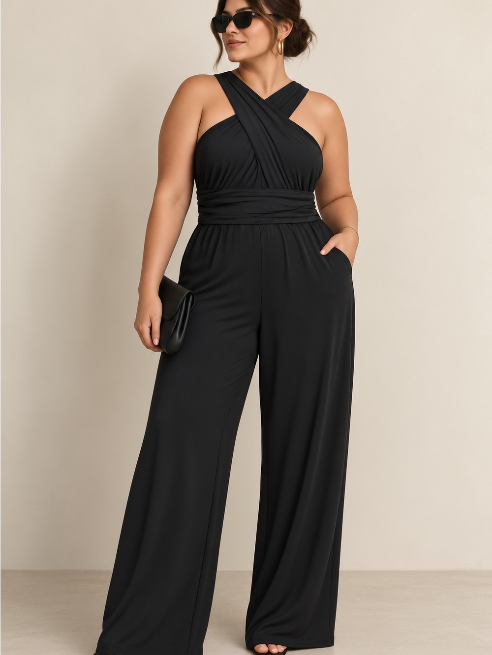 Sleeveless Black Cross-Front Jumpsuit Dress